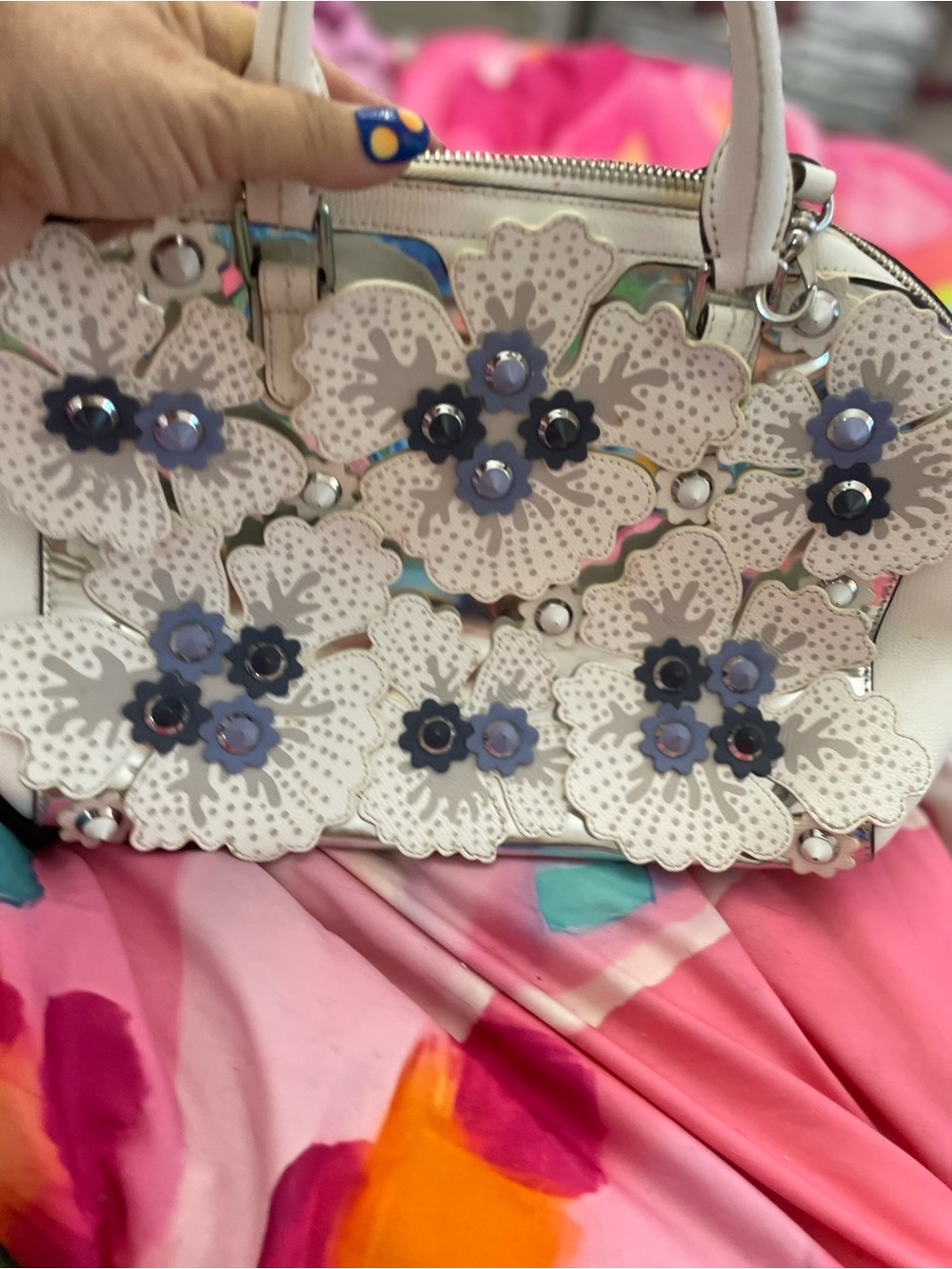 henri bendel White Floral Appliqué Satchel with Lavender & Navy Accents